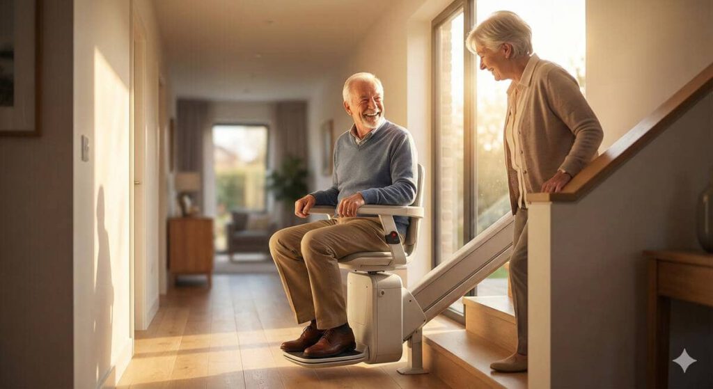 Glückliches Senioren-Ehepaar im eigenen Zuhause: Der Mann nutzt entspannt den Treppenlift, während seine Frau lächelt – ein Symbol für positive Treppenlift Erfahrungen und unbezahlbare Lebensqualität trotz der Kosten.