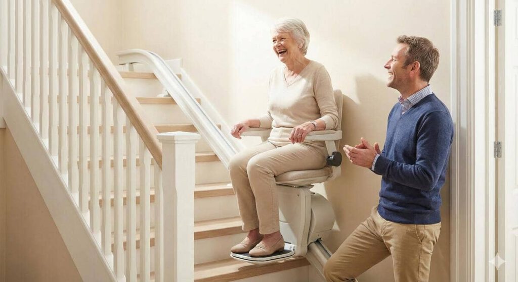 Erleichterter Sohn und seine Mutter lachen gemeinsam am neuen Treppenlift: Sicherheit und Komfort für die Eltern als lohnende Investition nach einem Preisvergleich.