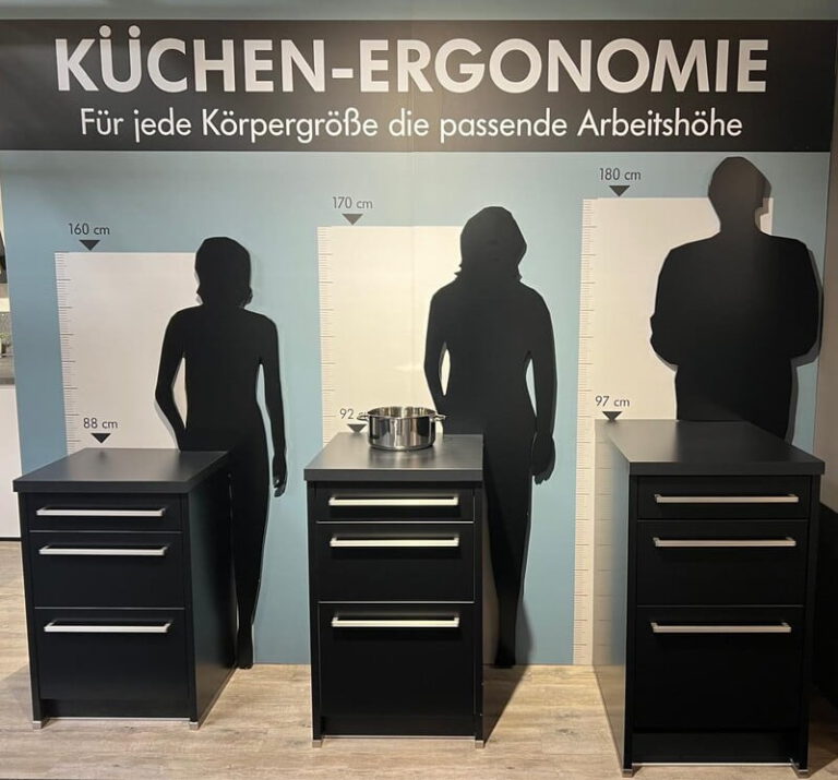 Die ideale Arbeitshöhe einer Küche anhand der Körpergrößen (gesehen bei MEGA Küchen in Bad Säckingen) - ©Altersgerecht Modernisieren