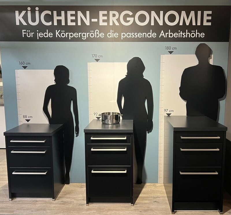 Die ideale Arbeitshöhe einer Küche anhand der Körpergrößen (gesehen bei MEGA Küchen in Bad Säckingen) - ©Altersgerecht Modernisieren