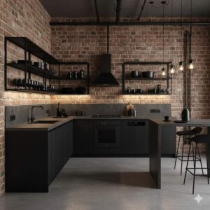 Beispiel einer Küche in L-Form im Loft Stil (erstellt mit KI) - ©Altersgerecht Modernisieren