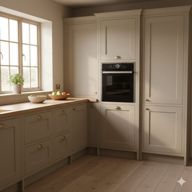 Beispiel einer L-förmigen Küche im Landhausstil (erstellt mit KI) - ©Altersgerecht Modernisieren