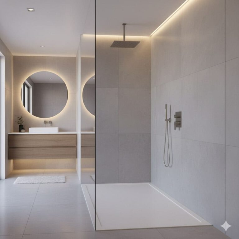 Beispiel einer begehbaren Dusche mit Duschwanne (erstellt mit KI) - ©Altersgerecht Modernisieren