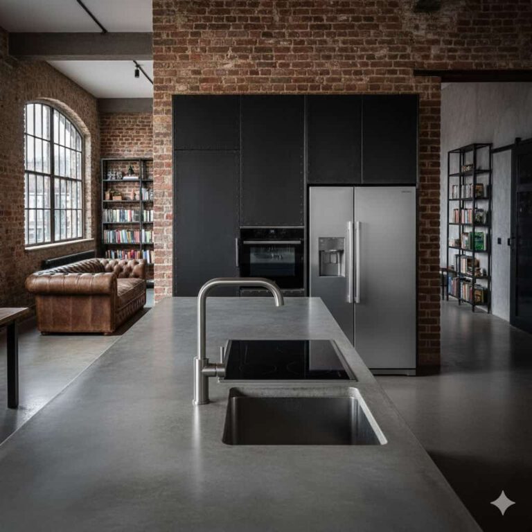 Beispiel einer modernen Industrial-Küche mit dunklem Metall und Ziegelwand (erstellt mit KI) - ©Altersgerecht Modernisieren