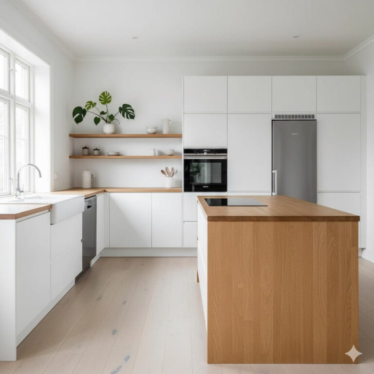 Beispiel einer modernen skandinavischen Küche mit Holzelementen (erstellt mit KI) - ©Altersgerecht Modernisieren