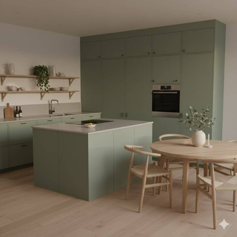 Beispiel einer modernen skandinavischen Küche mit Kücheninsel im grünen Ton (erstellt mit KI) - ©Altersgerecht Modernisieren
