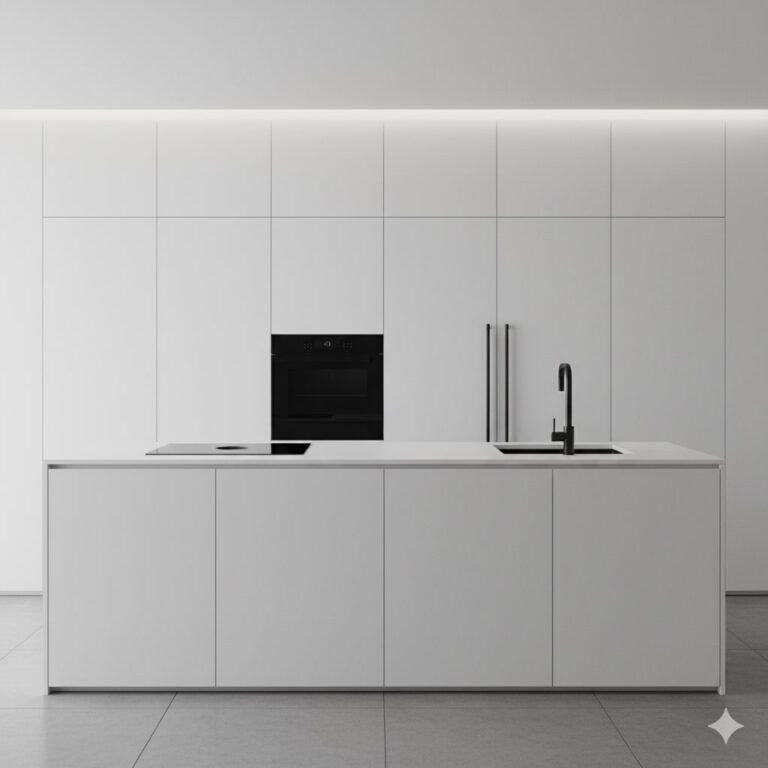 Beispiel einer puristischen, weißen Küche ohne Griffe (erstellt mit KI) - ©Altersgerecht Modernisieren