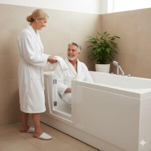 Glückliches Ehepaar im Badezimmer bei einer Badewanne mit Tür (erstellt mit KI) - ©Altersgerecht Modernisieren