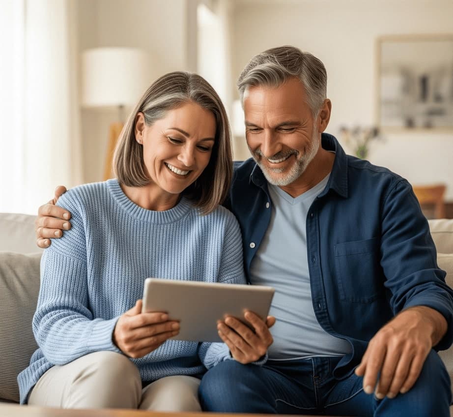 Glückliches Ehepaar sitzt gemeinsam auf der Couch und schaut auf ein Tablet (erstellt mit KI) - ©Altersgerecht Modernisieren