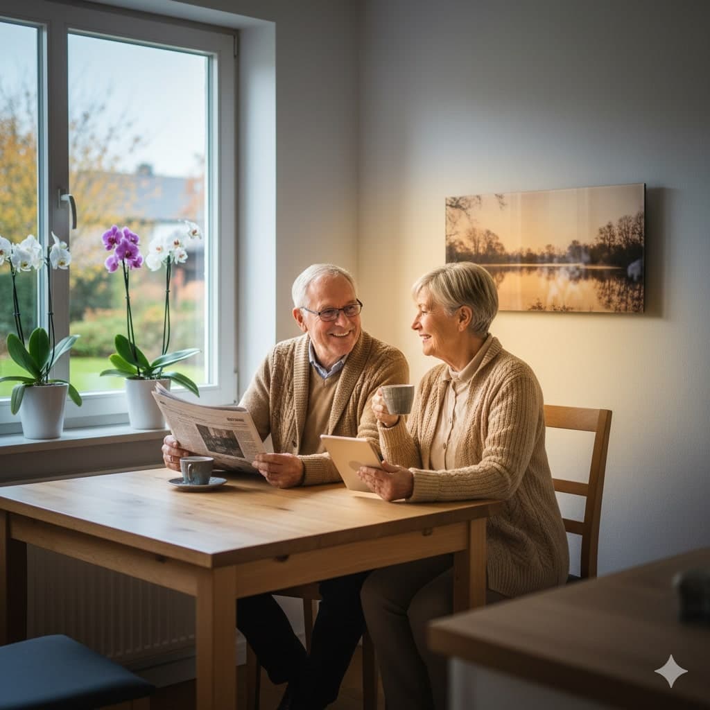 Älteres Ehepaar liest Zeitung in der Essecke im Küchenbereich und spürt die Wärme einer Infrarotheizung mit Bild (erstellt mit KI) - © Altersgerecht Modernisieren