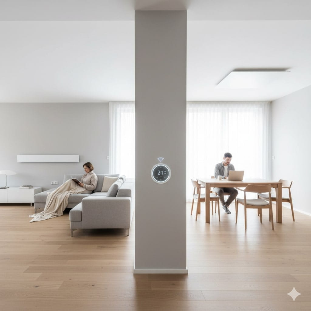 Beispiel einer Infrarotheizung an der Wand und an der Decke mit Smart Home Steuerung in einem großen Raum (erstellt mit KI) - © Altersgerecht Modernisieren