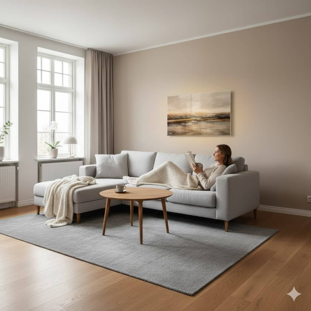 Beispiel einer Infrarotheizung in Form eines Bildes im Wohnzimmer (erstellt mit KI) - © Altersgerecht Modernisieren