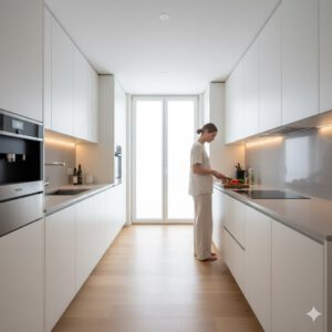 Beispiel einer modernen und minimalistischen zweizeiligen Küche (erstellt mit KI) - © Altersgerecht Modernisieren