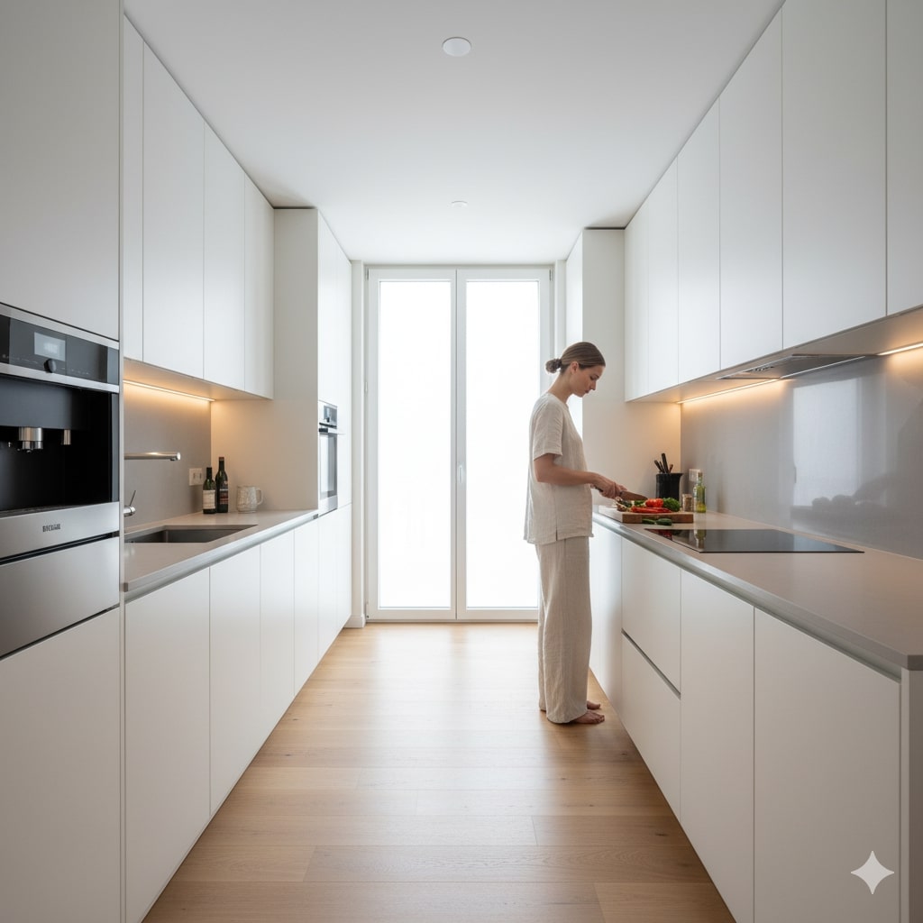 Beispiel einer modernen und minimalistischen zweizeiligen Küche (erstellt mit KI) - © Altersgerecht Modernisieren