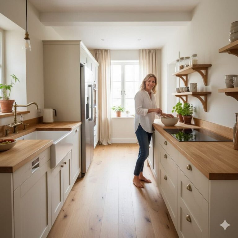 Beispiel einer zweizeiligen Küche im gemütlichen Landhausstil (erstellt mit KI) - © Altersgerecht Modernisieren