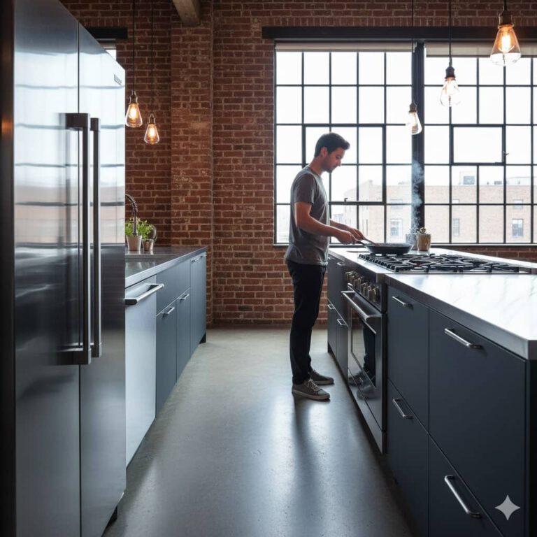 Beispiel einer zweizeiligen Küche im industriellen Loft Stil (erstellt mit KI) - © Altersgerecht Modernisieren