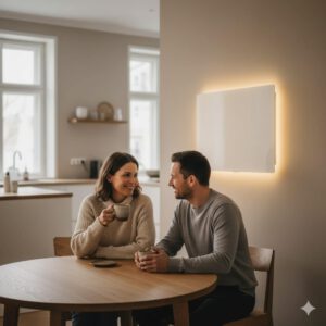 Ehepaar sitzt gemeinsam am Küchentisch und genießt eine Tasse Kaffee während die Infrarotheizung in der Küche die beiden wärmt (erstellt mit KI) - © Altersgerecht Modernisieren