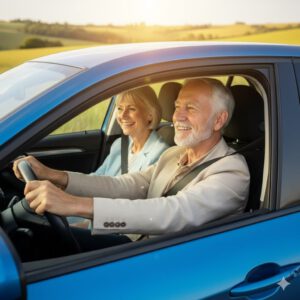 Glückliches Rentnerehepaar beim Fahren (erstellt mit KI) – © Altersgerecht Modernisieren