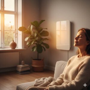 Infrarotheizung im Wohnzimmer (erstellt mit KI) - © Altersgerecht Modernisieren