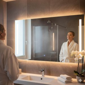 Infrarotheizung mit Spiegel im Badezimmer (erstellt mit KI) - © Altersgerecht Modernisieren