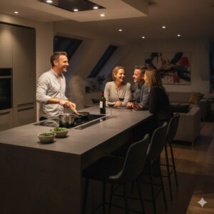 Kochinsel mit integriertem Herd, um auch beim Kochen direkt bei den Gästen zu sein (erstellt mit KI) – ©Altersgerecht Modernisieren
