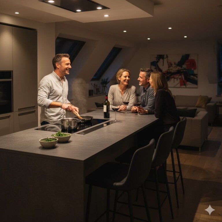Kochinsel mit integriertem Herd, um auch beim Kochen direkt bei den Gästen zu sein (erstellt mit KI) – ©Altersgerecht Modernisieren