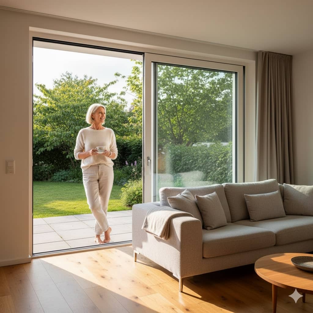 Bodentiefe Fenster mit Schiebetür für den Zugang zur Terrasse (erstellt mit KI) - ©Altersgerecht Modernisieren