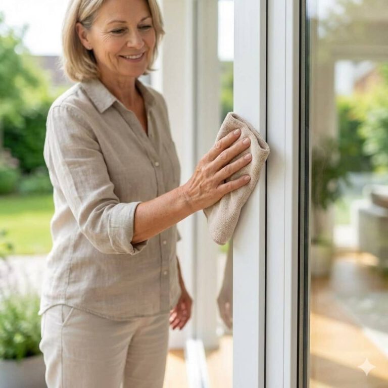Eine entspannte Frau wischt mühelos über den weißen Rahmen eines bodentiefen Kunststofffensters, um die Pflegeleichtigkeit des Materials zu demonstrieren