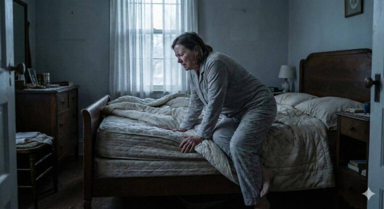 Frau kommt schwer aus ihrem zu kleinen Standard Bett heraus (erstellt mit KI) - ©Altersgerecht Modernisieren