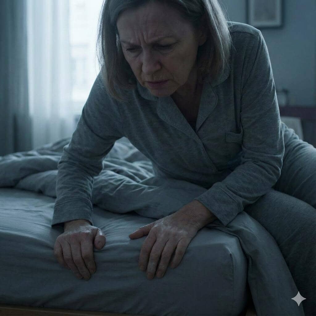 Frau quält sich aus ihrem zu tiefen und unpassenden Bett (erstellt mit KI) - ©Altersgerecht Modernisieren