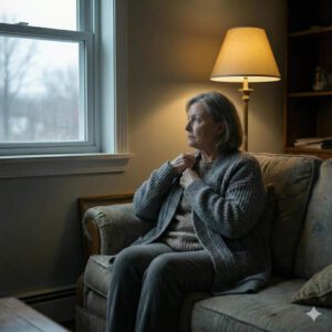 Frau sitzt im ungemütlichen Wohnzimmer auf der Couch (erstellt mit KI) - ©Altersgerecht Modernisieren