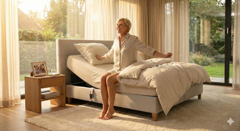 Frau startet mit ihrem altersgerechten und höhenverstellbaren Bett gut in den Tag (erstellt mit KI) - ©Altersgerecht Modernisieren