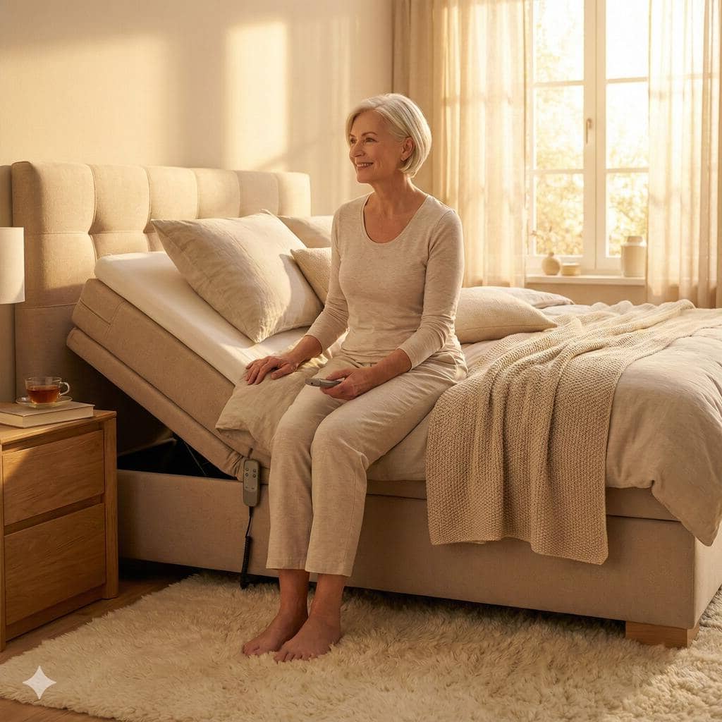 Glückliche Frau in ihrem altersgerechten Bett (erstellt mit KI) - ©Altersgerecht Modernisieren-min