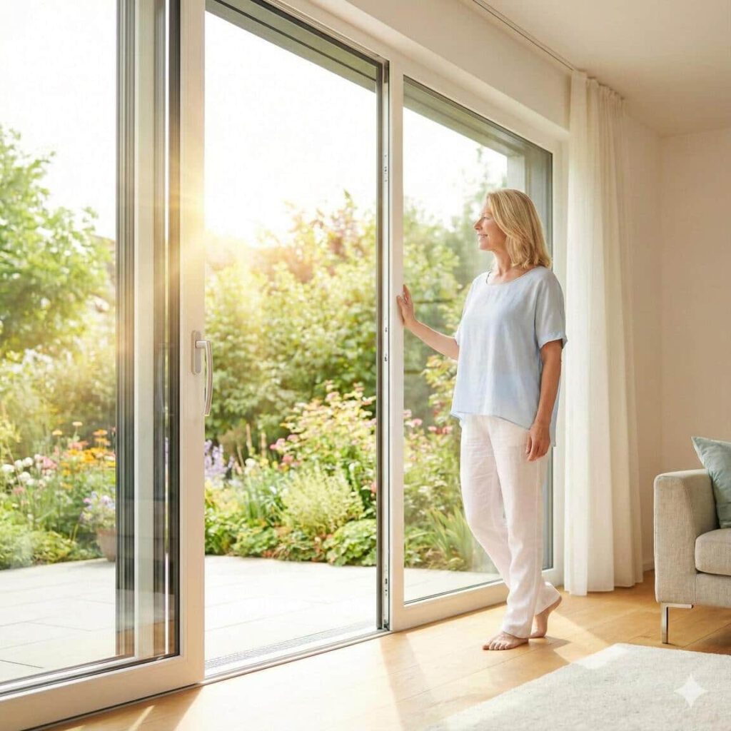 Glückliche Frau schaut in den Garten über ihre bodentiefen Fenstern (erstellt mit KI) - ©Altersgerecht Modernisieren