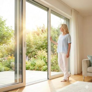 Glückliche Frau schaut in den Garten über ihre bodentiefen Fenstern (erstellt mit KI) - ©Altersgerecht Modernisieren