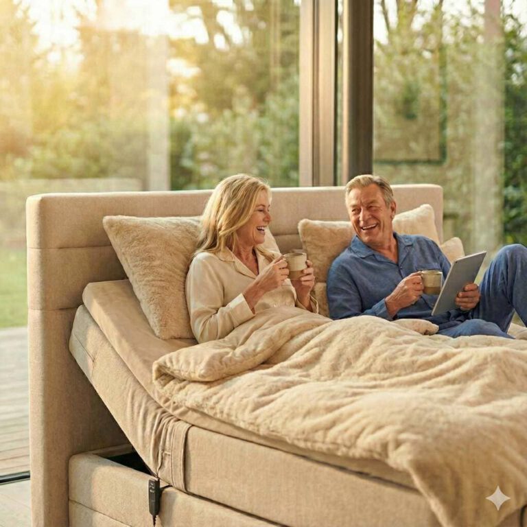 Glückliches Ehepaar im altersgerechten und höhenverstellbaren Bett (erstellt mit KI) - ©Altersgerecht Modernisieren