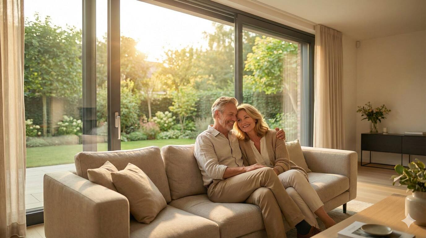 Glückliches Ehepaar sitz im Wohnzimmer (Titelbild) (erstellt mit KI) - ©Altersgerecht Modernisieren