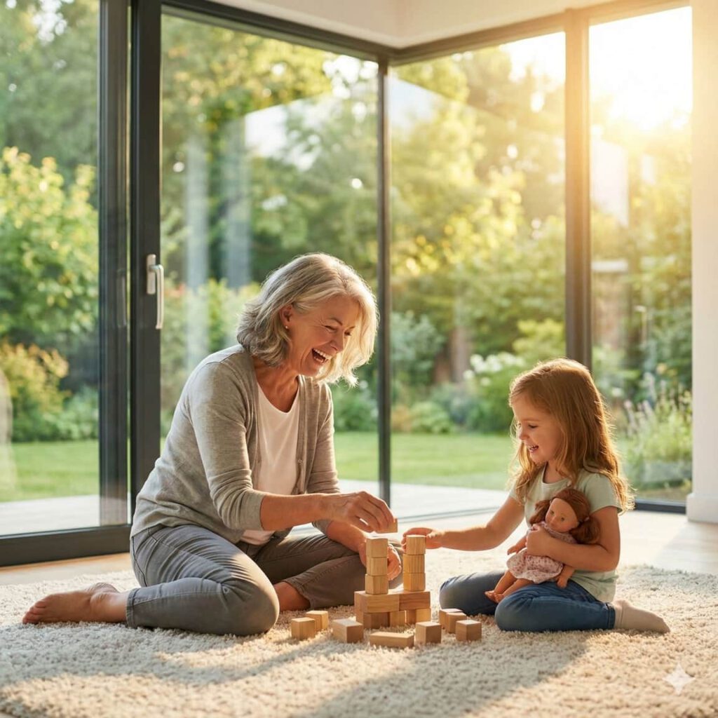 Großmutter spielt mit dem Enkelkind auf dem Teppich vor bodentiefen Fenstern - ©Altersgerecht Modernisieren