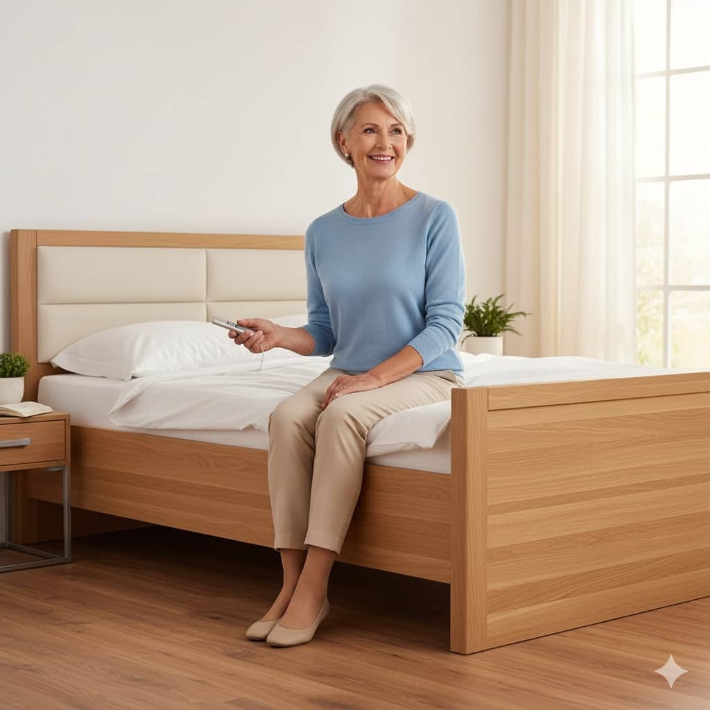 Höhenverstellbares Seniorenbett im Schlafzimmer (erstellt mit KI) - ©Altersgerecht Modernisieren