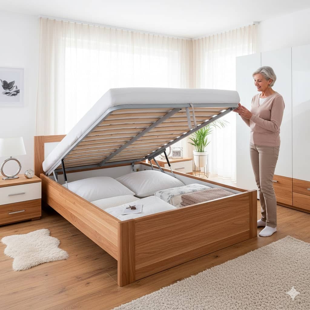 Seniorenbett mit Bettkasten im Schlafzimmer (erstellt mit KI) - ©Altersgerecht Modernisieren