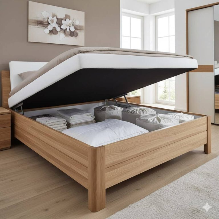Seniorenbett mit Bettkasten und dem Gasdruckfeder Prinzip (erstellt mit KI) - ©Altersgerecht Modernisieren