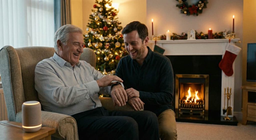 Sohn schenkt Vater eine Smartwatch mit Sturzerkennung (erstellt mit KI) - ©Altersgerecht Modernisieren