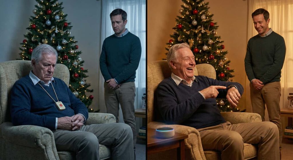 Zwei verschiedene Weihnachtsgeschenke an den Vater inklusive jeweiliger Reaktion (erstellt mit KI) - ©Altersgerecht Modernisieren