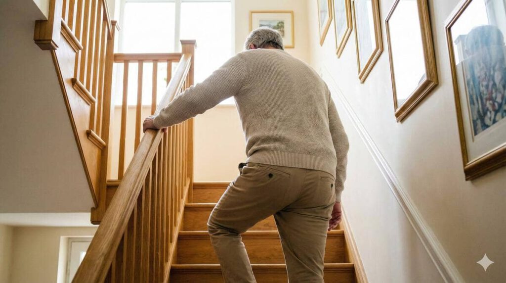 Älterer Herr kommt nur schwer die Treppe im Eigenheim hoch - ©Altersgerecht Modernisieren