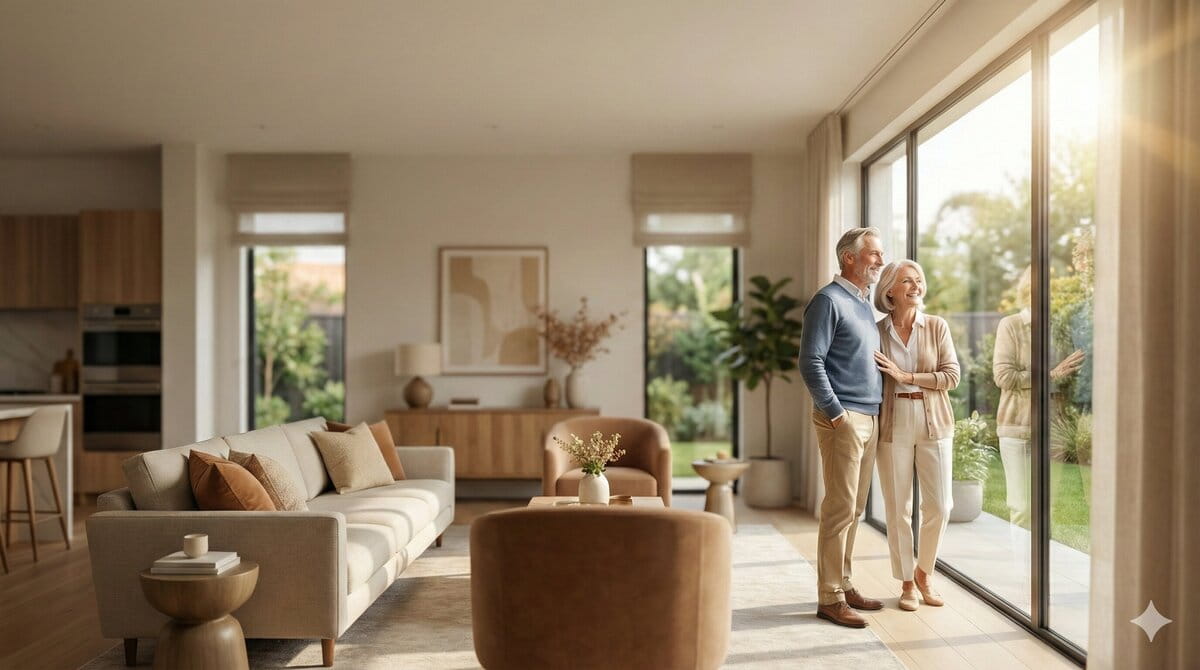 Älteres Ehepaar steht glücklich vor den neu ausgetauschten Fenstern im Wohnzimmer (erstellt mit KI) – ©Altersgerecht Modernisien