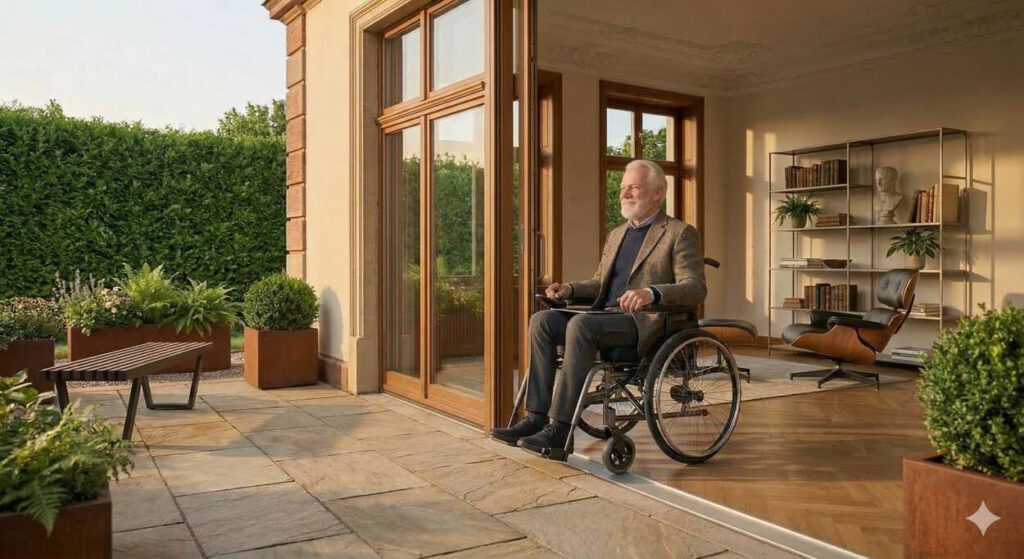 Barrierefreie Terrassentür zum Garten (erstellt mit KI) – ©Altersgerecht Modernisieren
