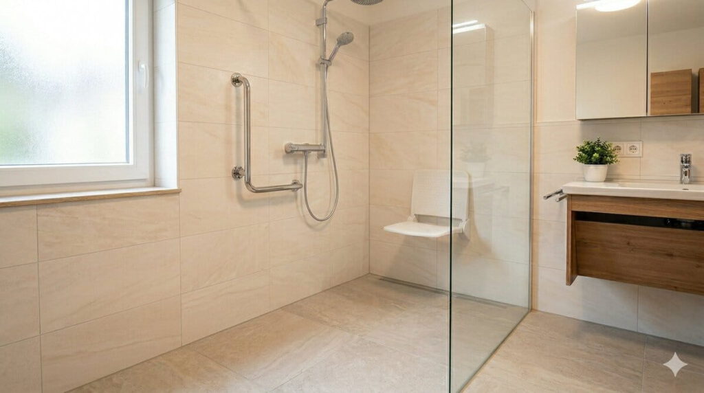 Beispiel einer begehbaren und altersgerechten Dusche (erstellt mit KI) - ©Altersgerecht Modernisieren