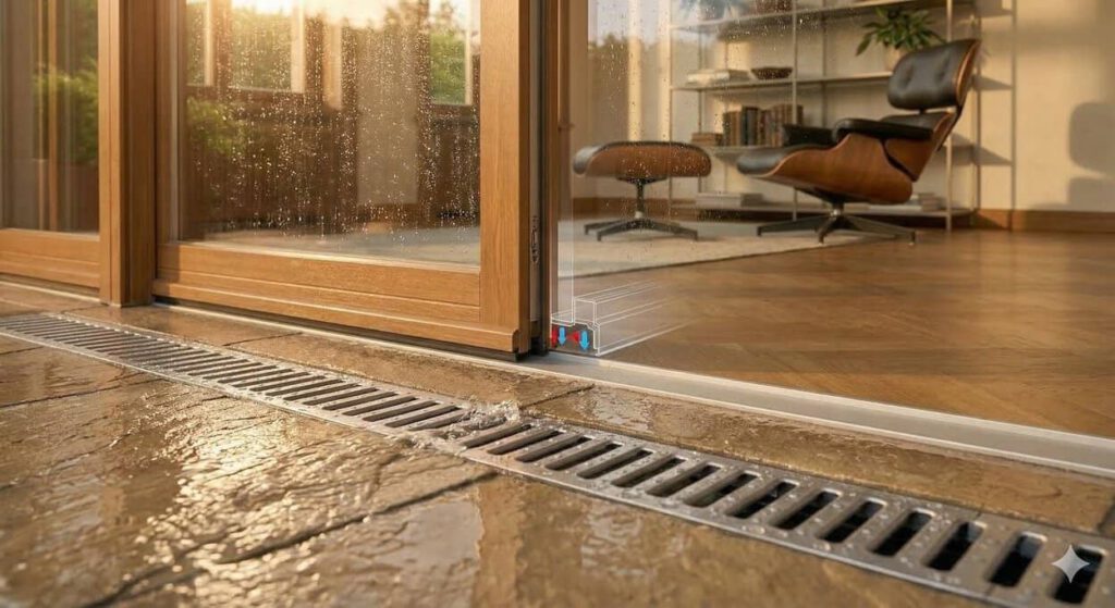 Drainagerinne vor einer schwellenlosen Terrassentür (erstellt mit KI) – ©Altersgerecht Modernisieren