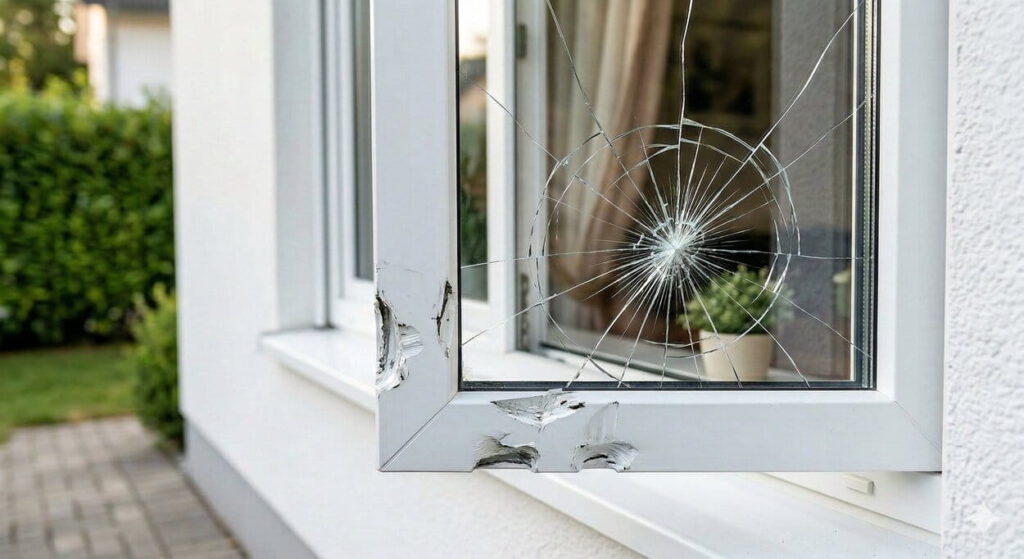 Durch Einbruch zerstörtes Fenster (erstellt mit KI) - ©Altersgerecht Modernisieren