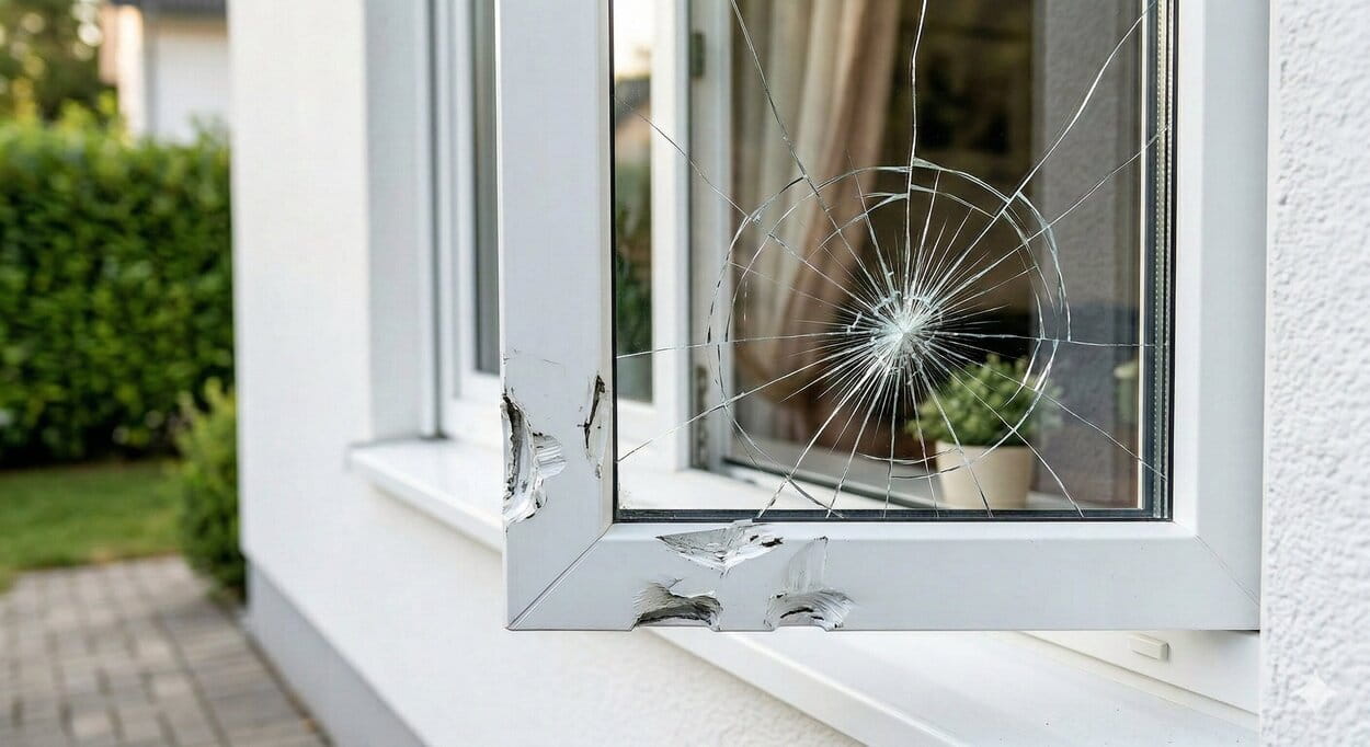 Durch Einbruch zerstörtes Fenster (erstellt mit KI) - ©Altersgerecht Modernisieren